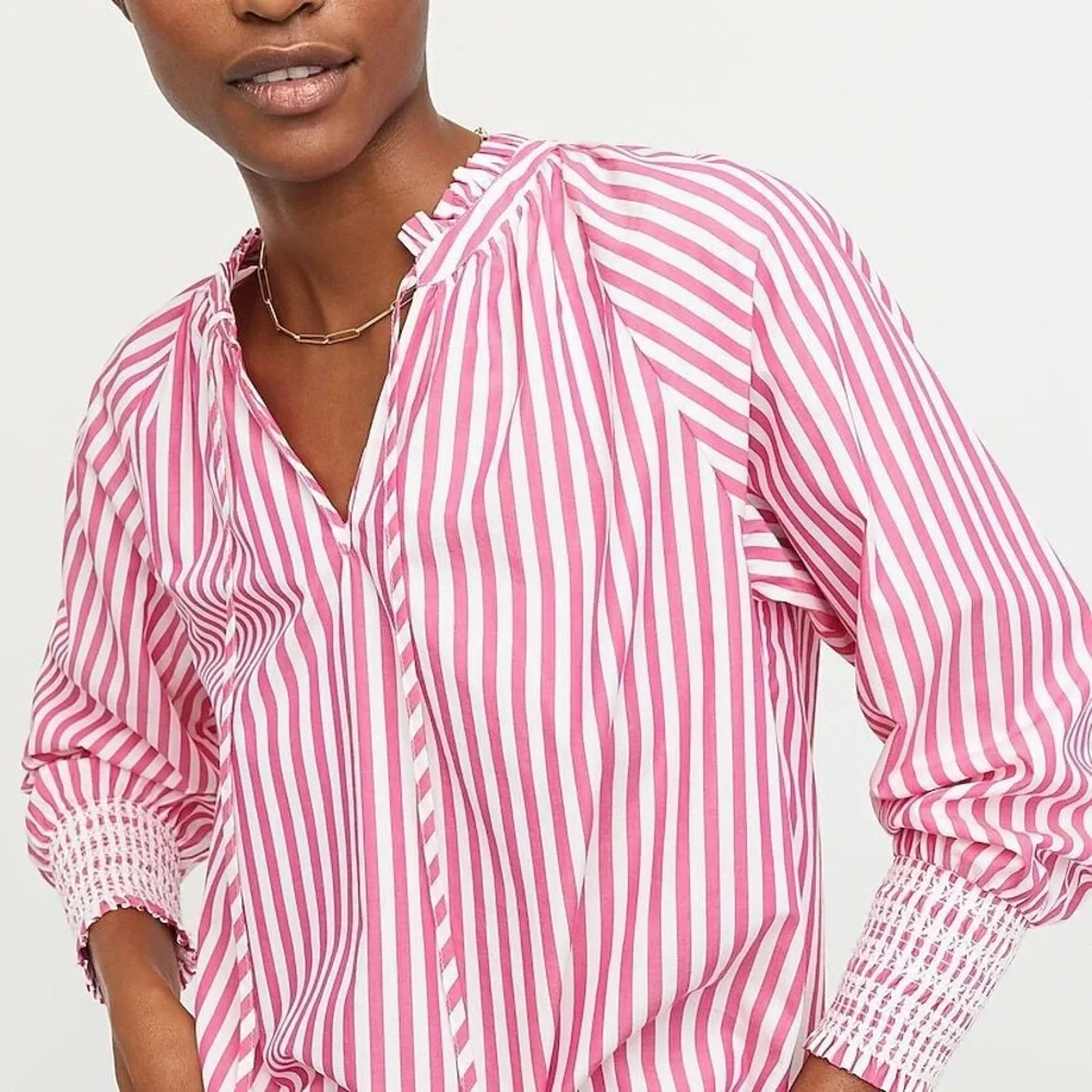 J Crew Smocked-cuff popover top in Pink and White stripe Size S